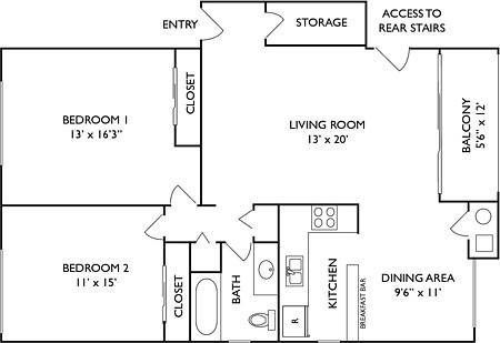 Floor plan for 2 beds, 1 bath, 950 sqft
